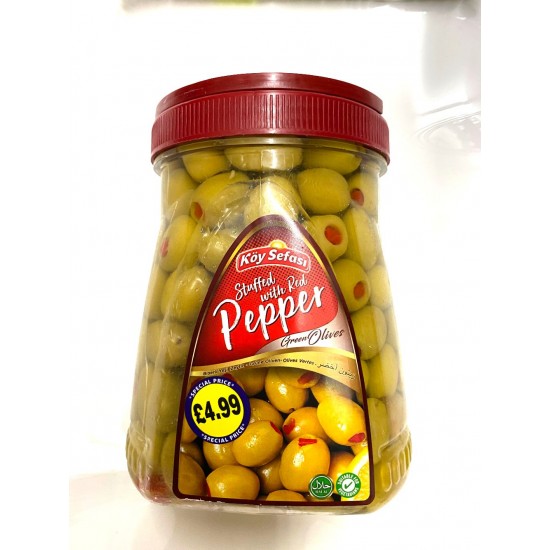 Koy Sefasi Green Olives Stuffed With Red Pepper Drained Weight 800g Net Weight 1600g - TURKISH ONLINE MARKET UK - £6.19