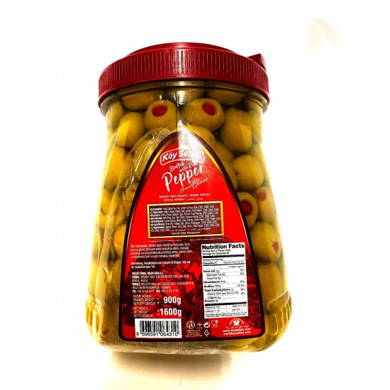 Koy Sefasi Green Olives Stuffed With Red Pepper Drained Weight 800g Net Weight 1600g - TURKISH ONLINE MARKET UK - £6.19