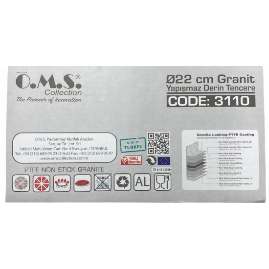 Oms Grey Non-Stick Granite Casserole 22cmx11.5cm - TURKISH ONLINE MARKET UK - £32.99